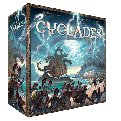 Cyclades Legendary Edition board game box featuring mythical creatures and ancient warriors on a stormy coastline.