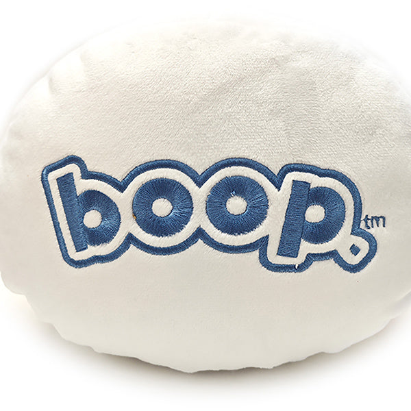 Soft, round plush pillow featuring the word "boop" in blue lettering on a white background. Ideal for cuddling or decoration.