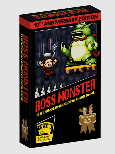Boss Monster: 10th Anniversary Edition box featuring a dungeon scene with a hero and a large monster, designed for 2-4 players.