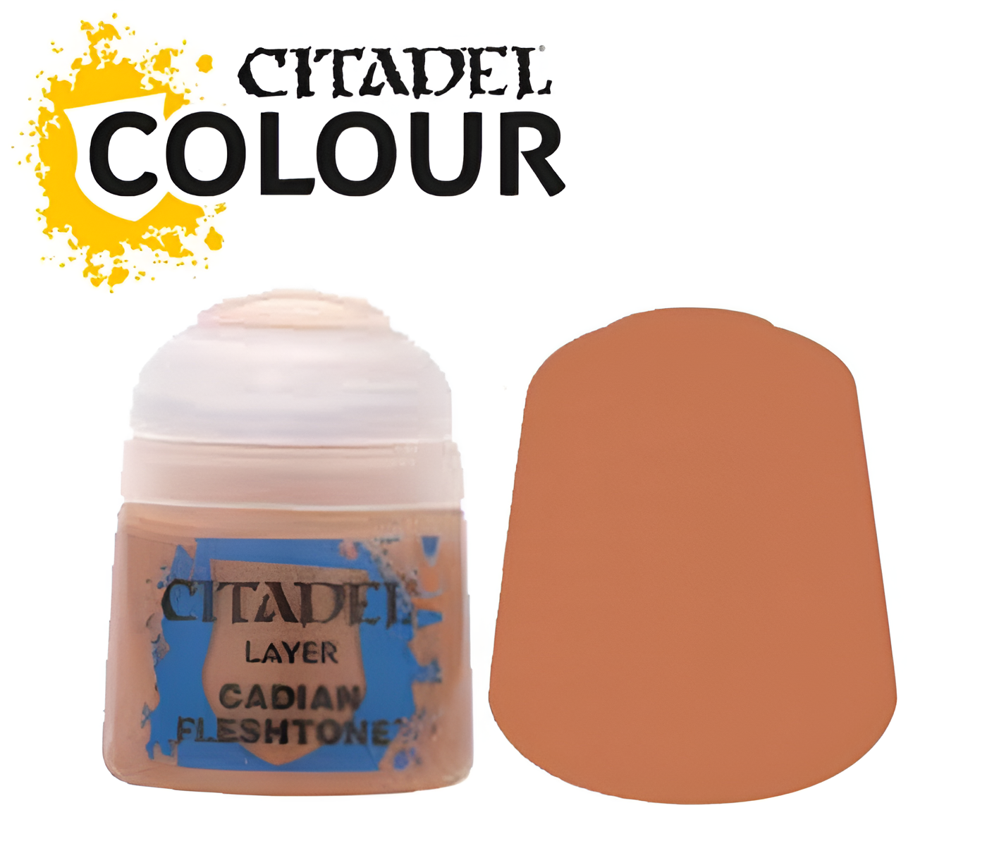 Citadel Layer Cadian Fleshtone paint in a 12ml container with a swatch of the color beside it.