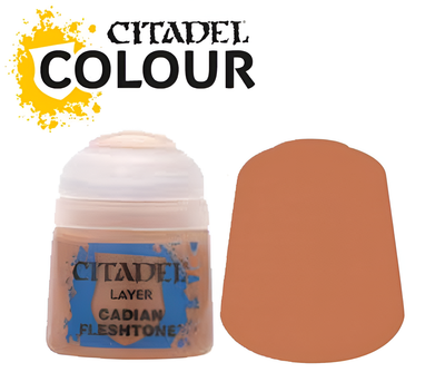 Citadel Layer Cadian Fleshtone paint in a 12ml container with a swatch of the color beside it.