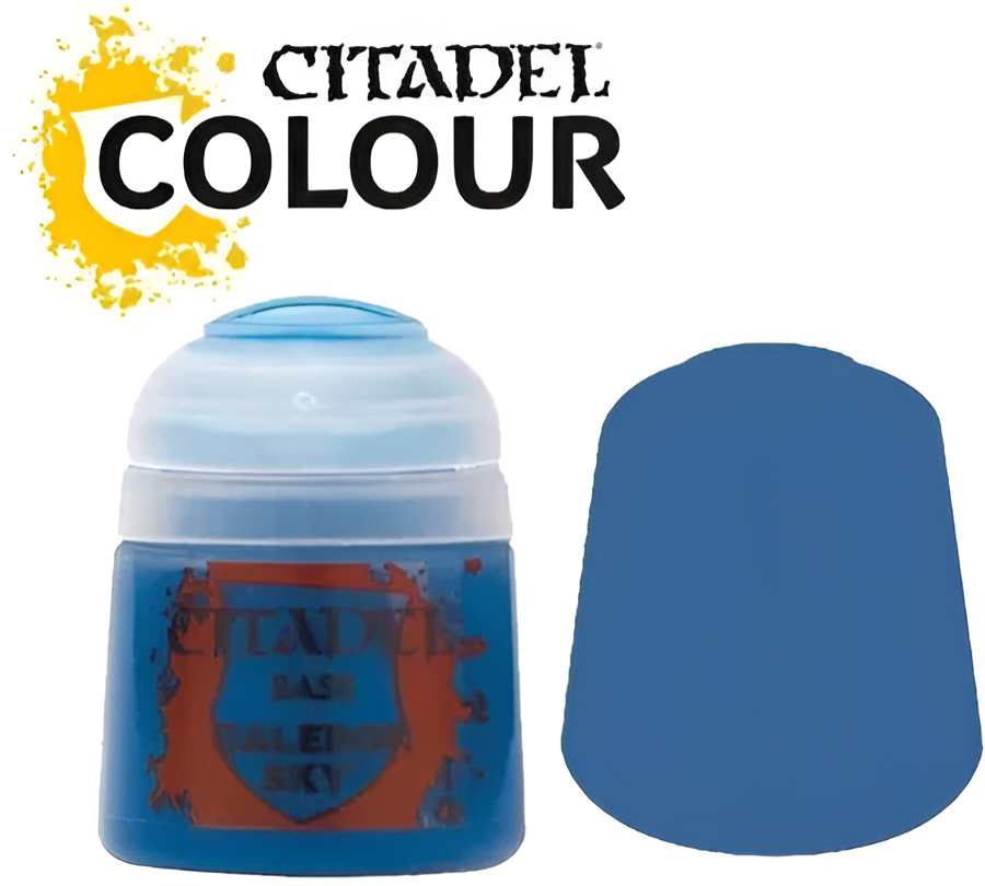 Citadel Base Caledor Sky paint (12ml) in a blue container, showcasing the vibrant color for miniature painting.
