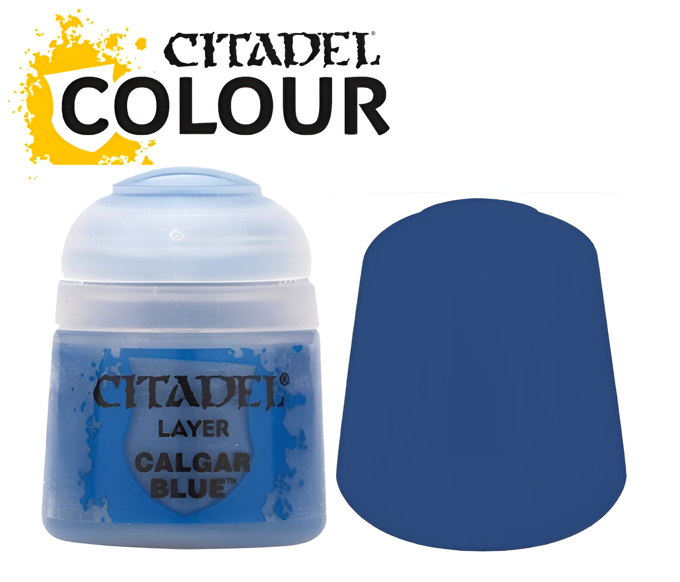 Citadel Layer Calgar Blue paint in a 12ml container, featuring a dark blue color swatch and a secure lid design.