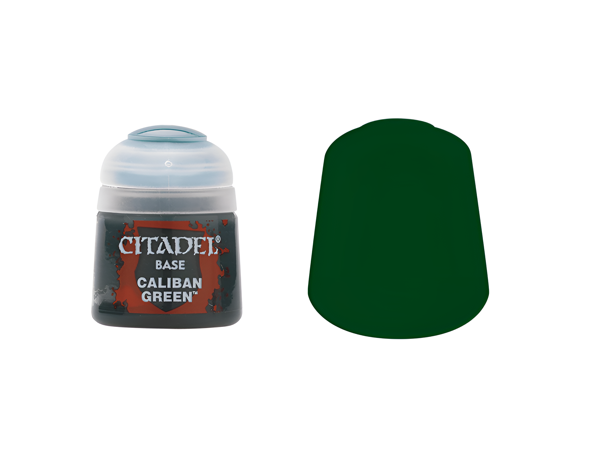 Citadel Base Caliban Green paint in a 12ml container, featuring a dark green color swatch alongside the bottle.