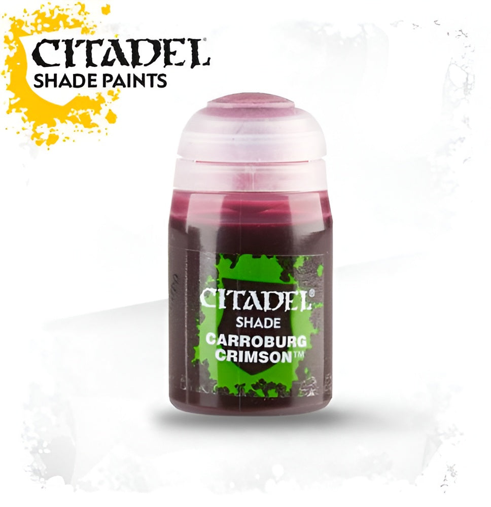 Citadel Shade Carroburg Crimson paint in an 18ml container, featuring a dark crimson color for miniature painting.