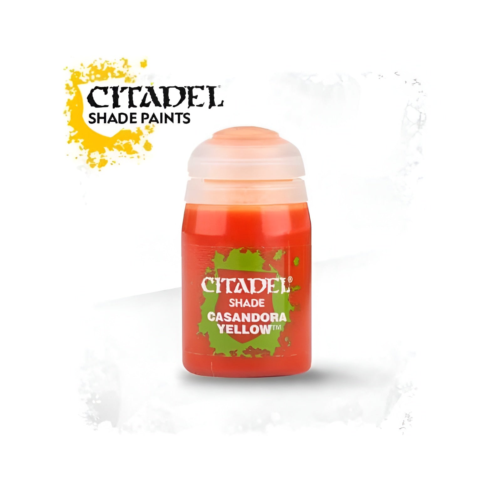 Citadel Shade paint in Casandora Yellow, 18ml bottle, designed for enhancing miniature details and textures.