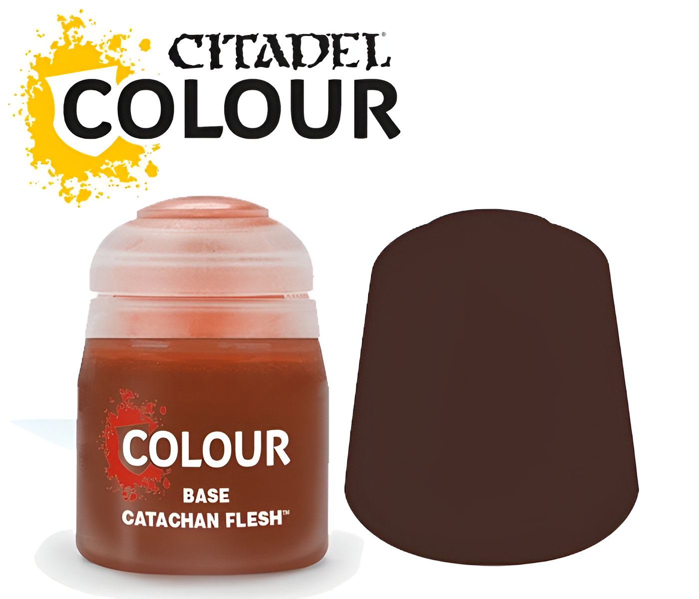 Citadel Base Catachan Flesh paint jar with a dark brown color swatch, ideal for miniature painting and detailing.