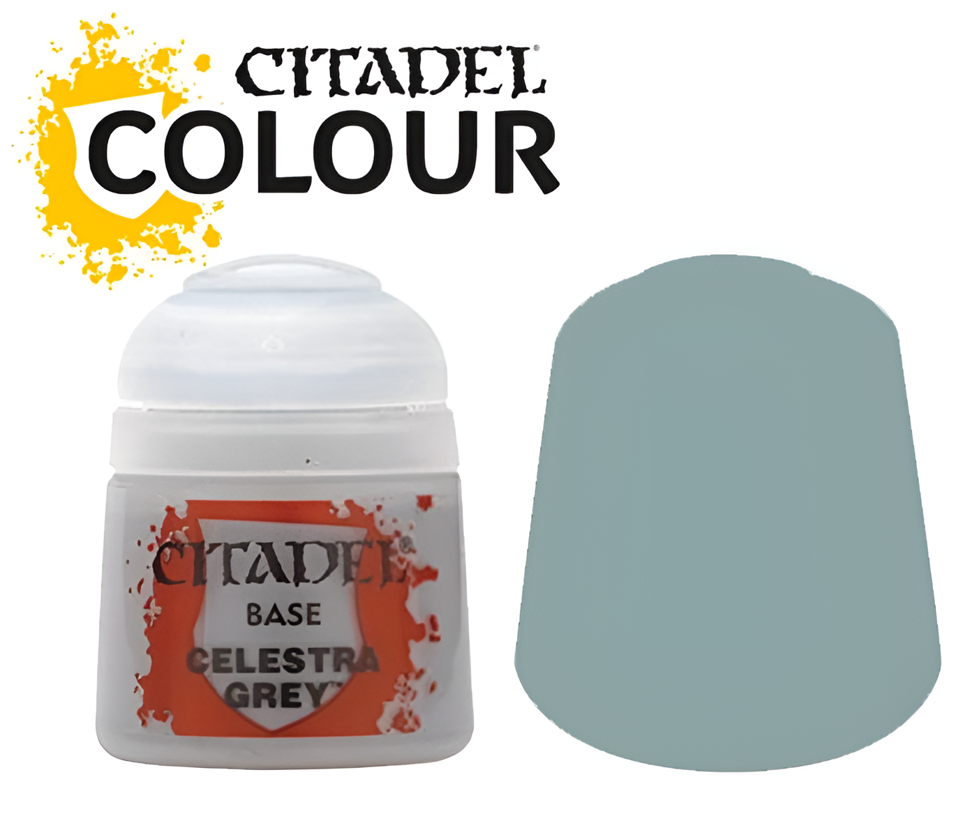 Citadel Base Celestra Grey paint (12ml) in a round container with a light grey color swatch beside it.