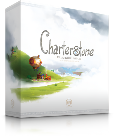 Charterstone board game box featuring whimsical artwork of a village and an airship, emphasizing its legacy-building theme.
