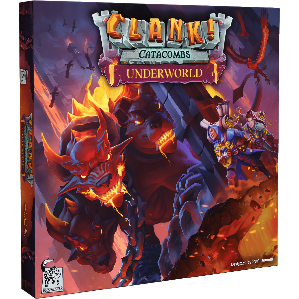 Clank! Catacombs: Underworld board game box featuring vibrant artwork of adventurers and monsters in a dark cavern.