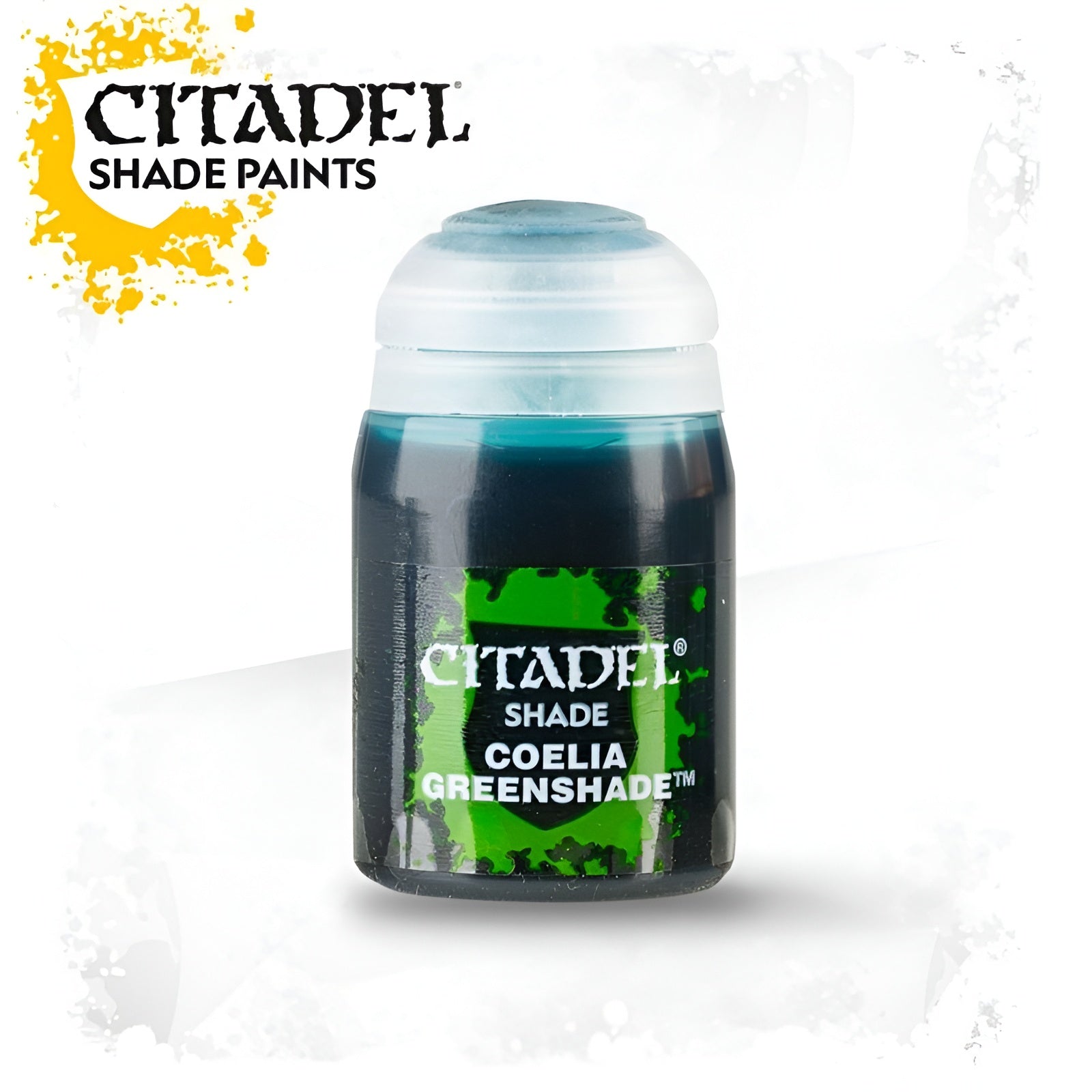 Citadel Shade Coelia Greenshade 18ml paint pot featuring a dark teal color with a clear lid and vibrant label.