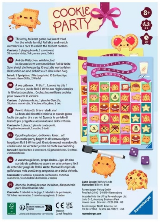 Colorful game box for Cookie Party featuring cookie-themed graphics, dice, and a game board for family fun.