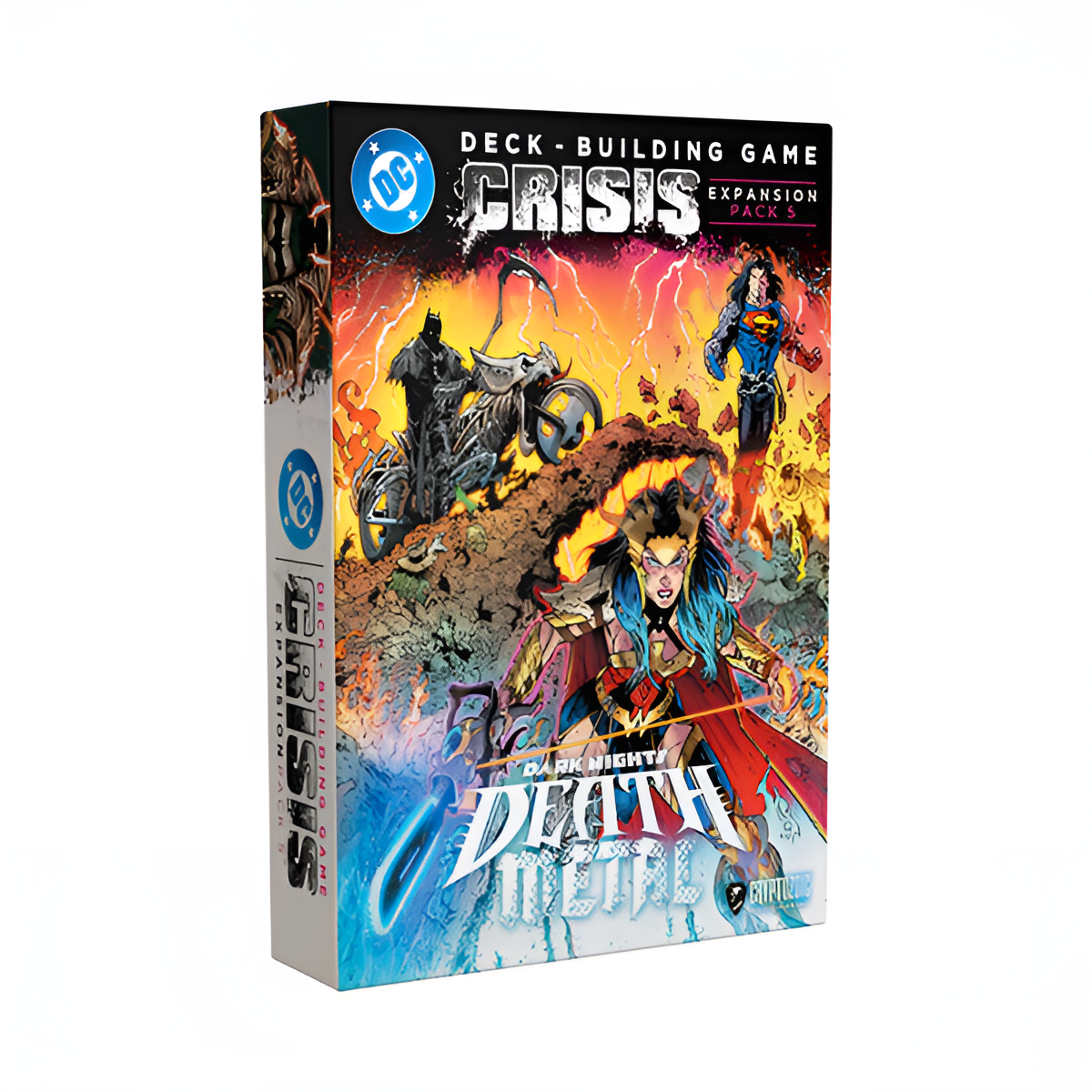 DC Comics DBG Crisis Expansion Pack 5 Death Metal features vibrant artwork and characters, ideal for strategy game enthusiasts.