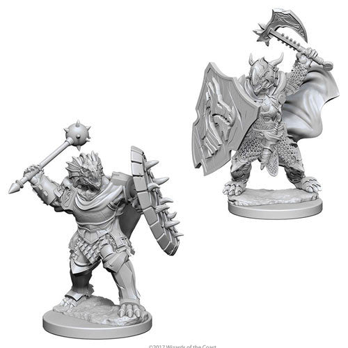 Unpainted Dragonborn male paladin miniature for Dungeons & Dragons, featuring armor, shield, and weapon.