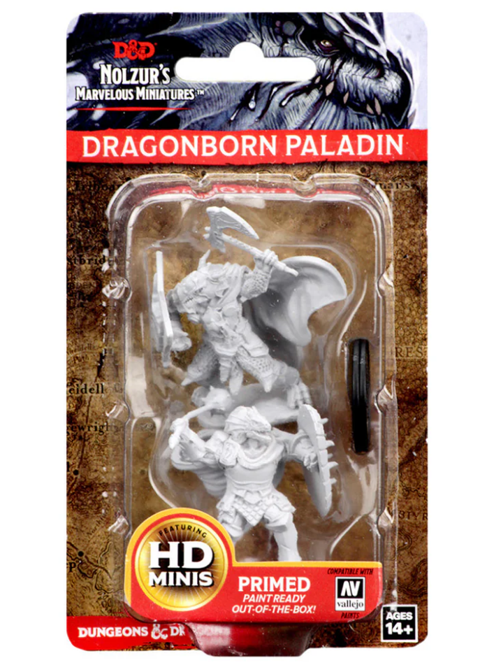 Unpainted Dragonborn male paladin miniature from Dungeons & Dragons, featuring detailed armor and weapons, ready for painting.