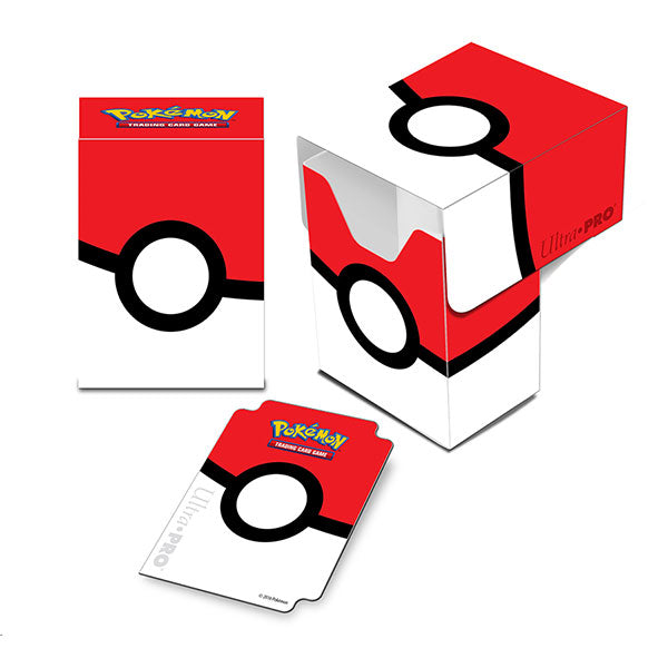 Red and white Pokeball-themed deckbox for storing over 80 Pokémon trading cards, featuring the Pokémon logo.