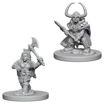 Unpainted miniatures of a dwarf female barbarian wielding an axe and a spear, designed for Dungeons & Dragons gameplay.