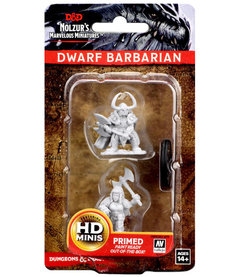 Unpainted Dungeons & Dragons miniature featuring a dwarf female barbarian with an axe, packaged for tabletop gaming.