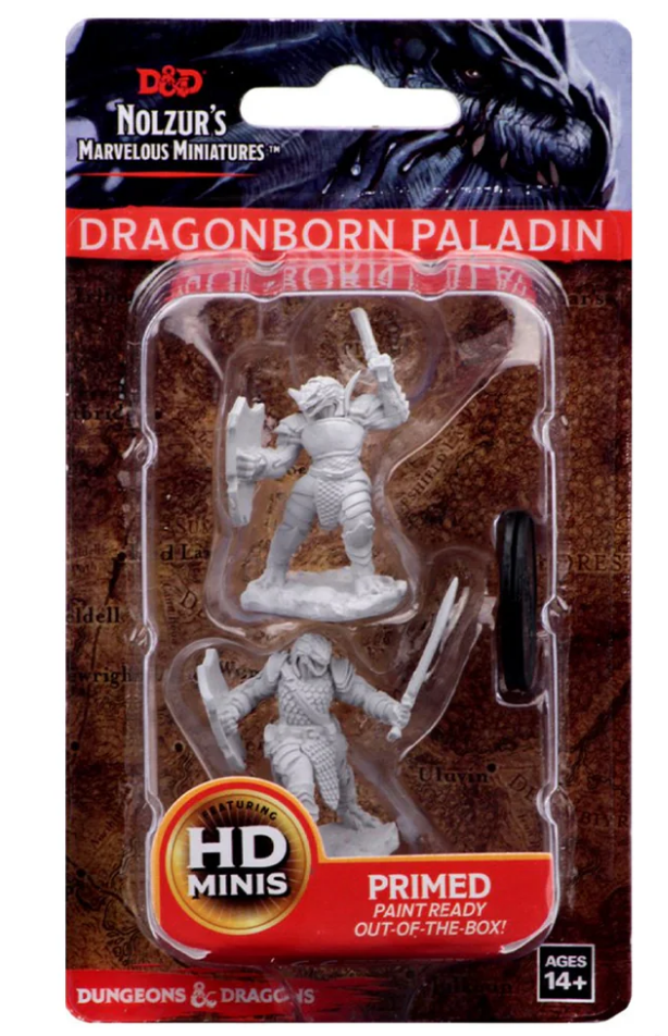 Unpainted Dragonborn female paladin miniature from Dungeons & Dragons, ready for painting and tabletop gaming.