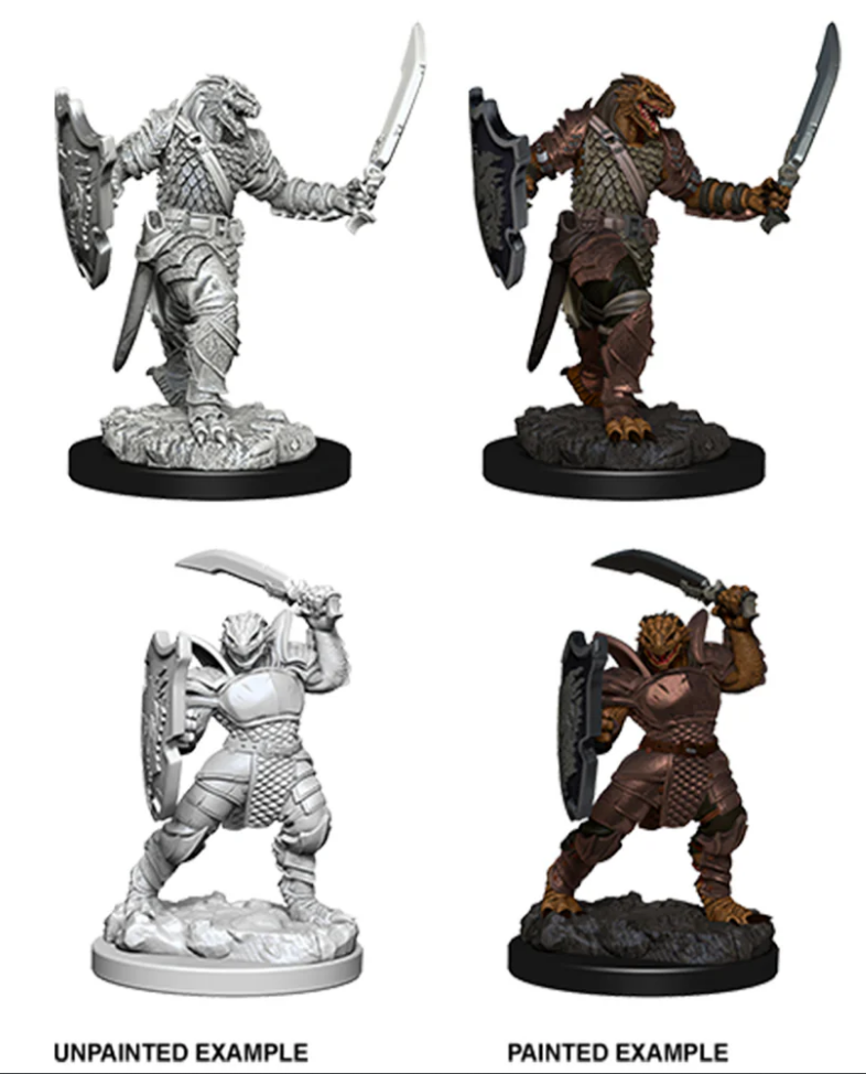 Four images of a Dragonborn female paladin miniature for Dungeons & Dragons, showing unpainted and painted versions.