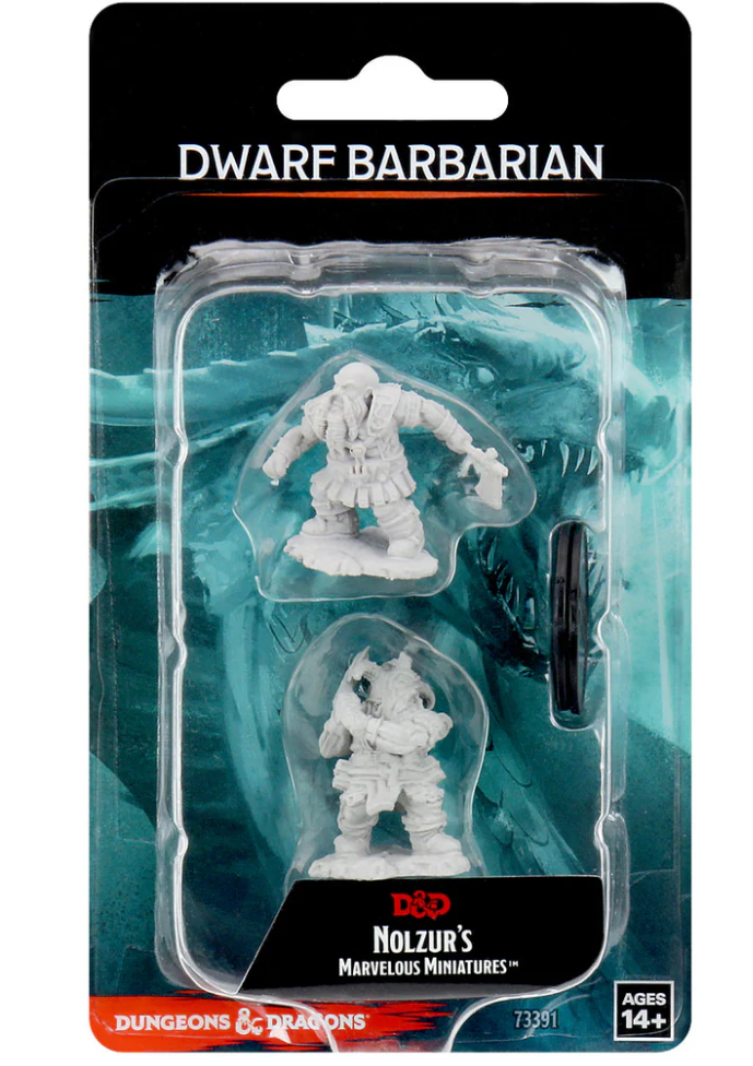 Unpainted Dungeons & Dragons Nolzur's Marvelous Miniatures featuring a male dwarf barbarian in two poses.