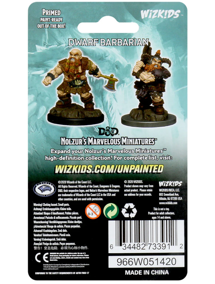Back packaging of Nolzur's Marvelous Unpainted Miniatures featuring a primed male dwarf barbarian figure for Dungeons & Dragons.