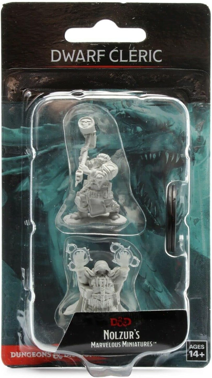 Unpainted Dungeons & Dragons miniature set featuring a male dwarf cleric in two poses, ideal for tabletop gaming.