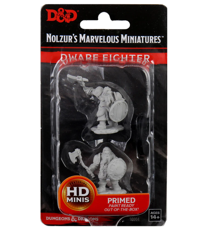 Unpainted Dungeons & Dragons Nolzur's Marvelous Miniatures featuring a dwarf male fighter with axe and shield.