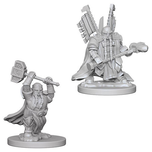 Unpainted Dungeons & Dragons miniature of a male dwarf paladin, featuring a hammer and detailed armor, in two poses.