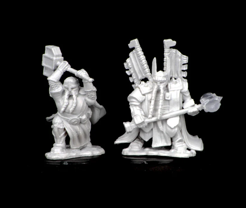 Unpainted Dungeons & Dragons miniatures featuring a dwarf male paladin wielding a hammer and a staff, ready for customization.
