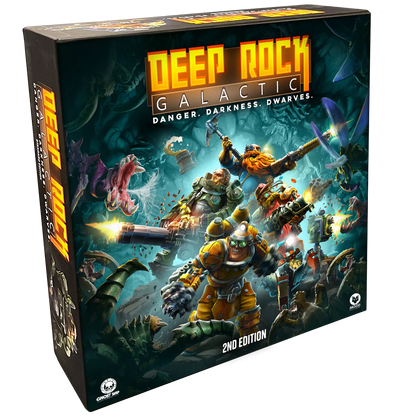 Deep Rock Galactic: Base Game - 2nd Edition box featuring dwarves battling alien creatures in a dark, vibrant environment.