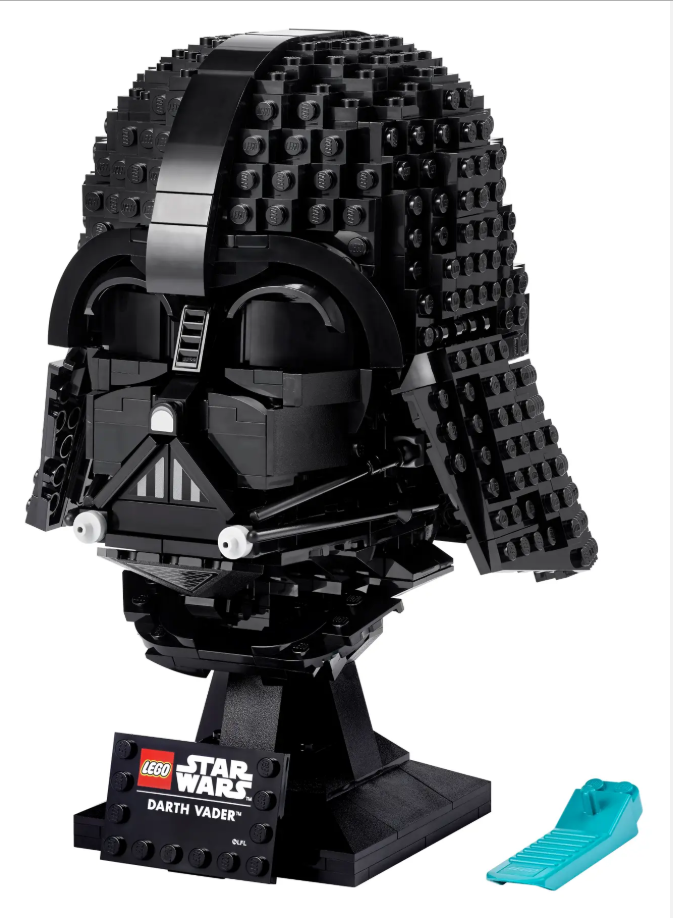LEGO Star Wars Darth Vader Helmet model featuring intricate black brick design and display stand.