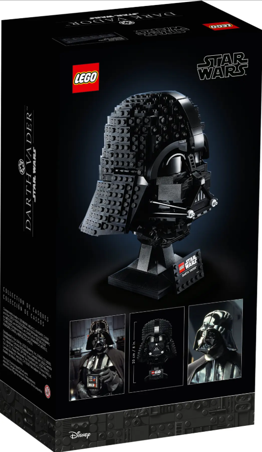 LEGO Star Wars Darth Vader Helmet set 75304, featuring a detailed black helmet design and display stand.