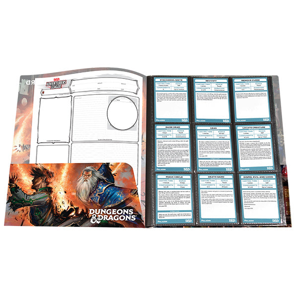 Dungeons and Dragons wizard portfolio featuring character sheets and spell cards for gameplay organization and reference.