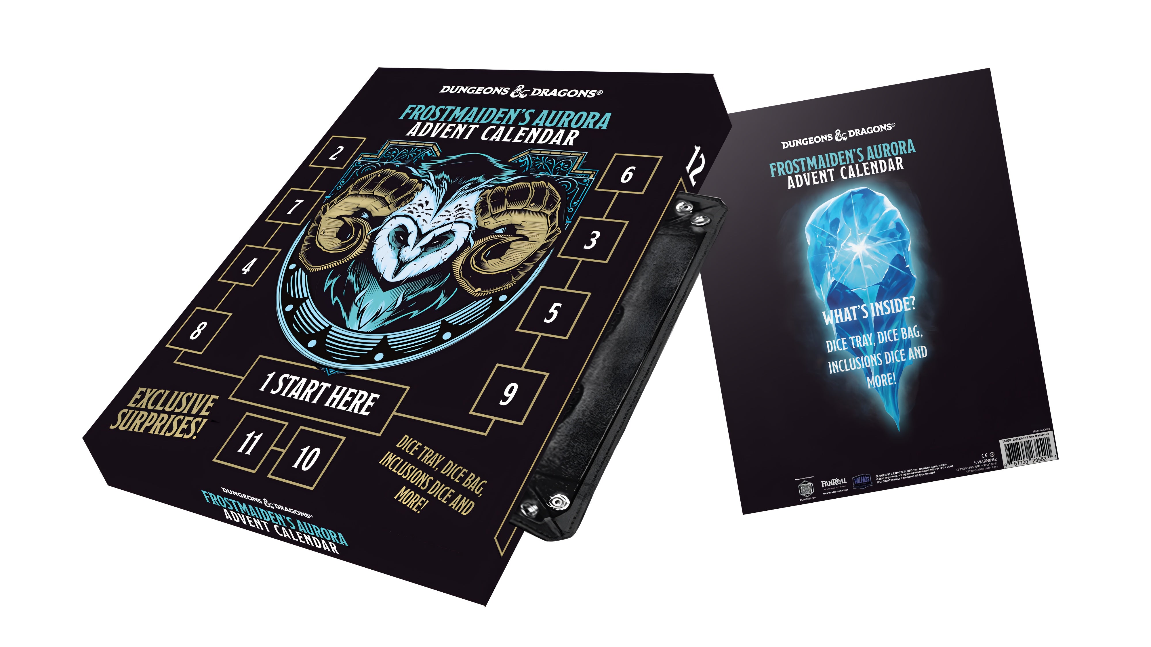 D&D Frostmaiden's Aurora Advent Dice Calendar 2025 featuring a ram's head design and numbered compartments for surprises.