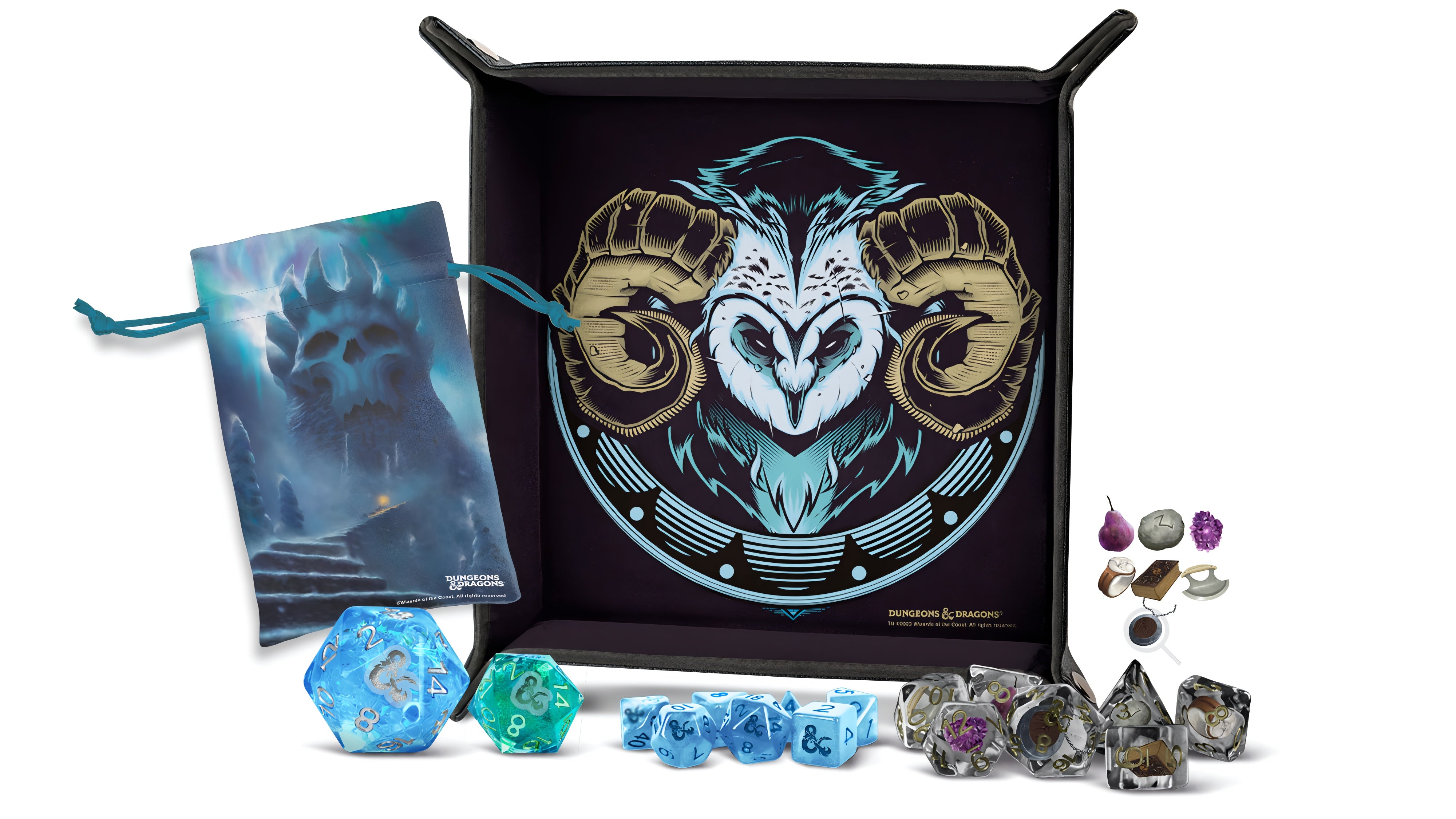 Advent Dice Calendar featuring D&D Frostmaiden’s Aurora design, includes themed dice, a storage pouch, and collectible items.