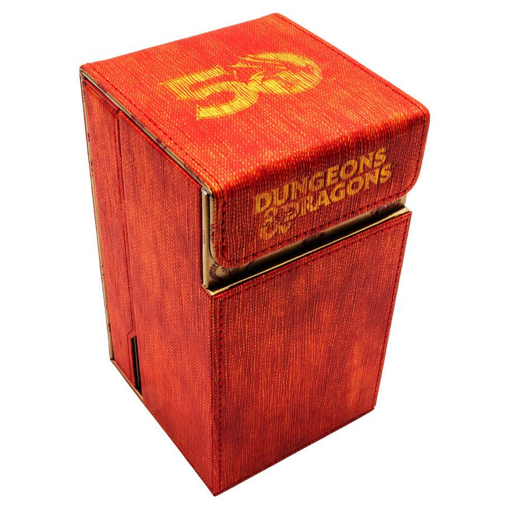 Dice tower featuring a vibrant red leatherette design, celebrating the 50th anniversary of Dungeons & Dragons.