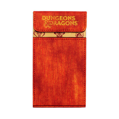 Dungeons and Dragons 50th Anniversary leatherette dice tower in vibrant orange with gold lettering and decorative design.