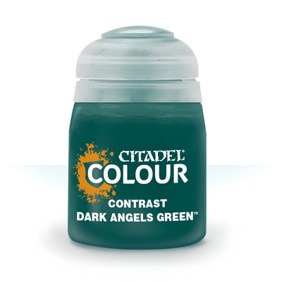 Citadel Contrast Dark Angels Green paint pot, 18ml, featuring a dark green color ideal for miniature painting.