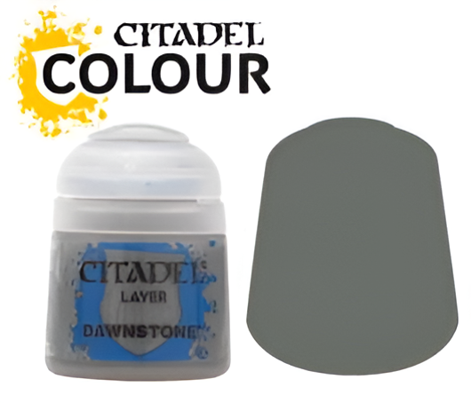 Citadel Layer Dawnstone paint in a 12ml container, featuring a gray color swatch and branding. Ideal for miniature painting.