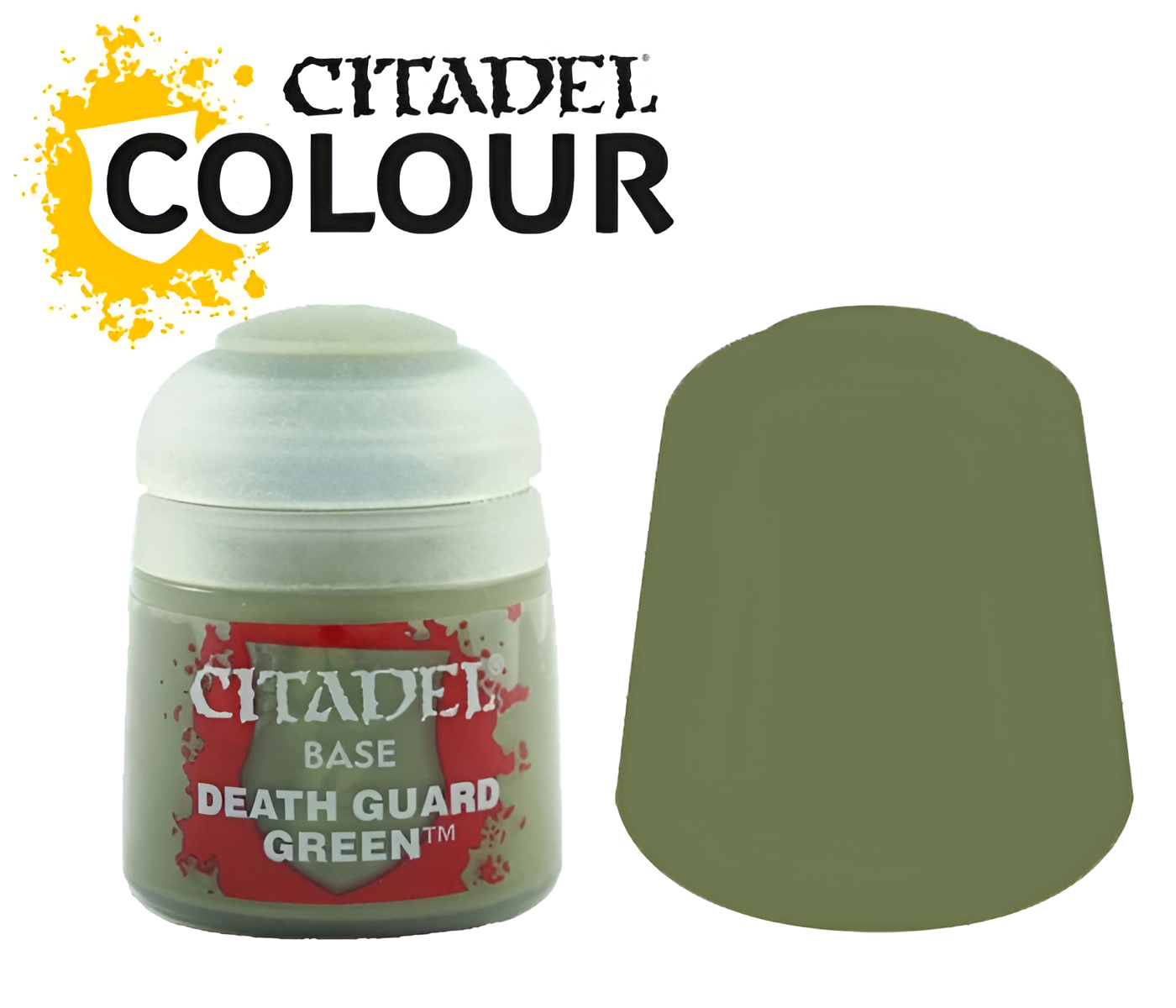 Citadel Base Death Guard Green paint (12ml) in a round container with a green color swatch beside it.