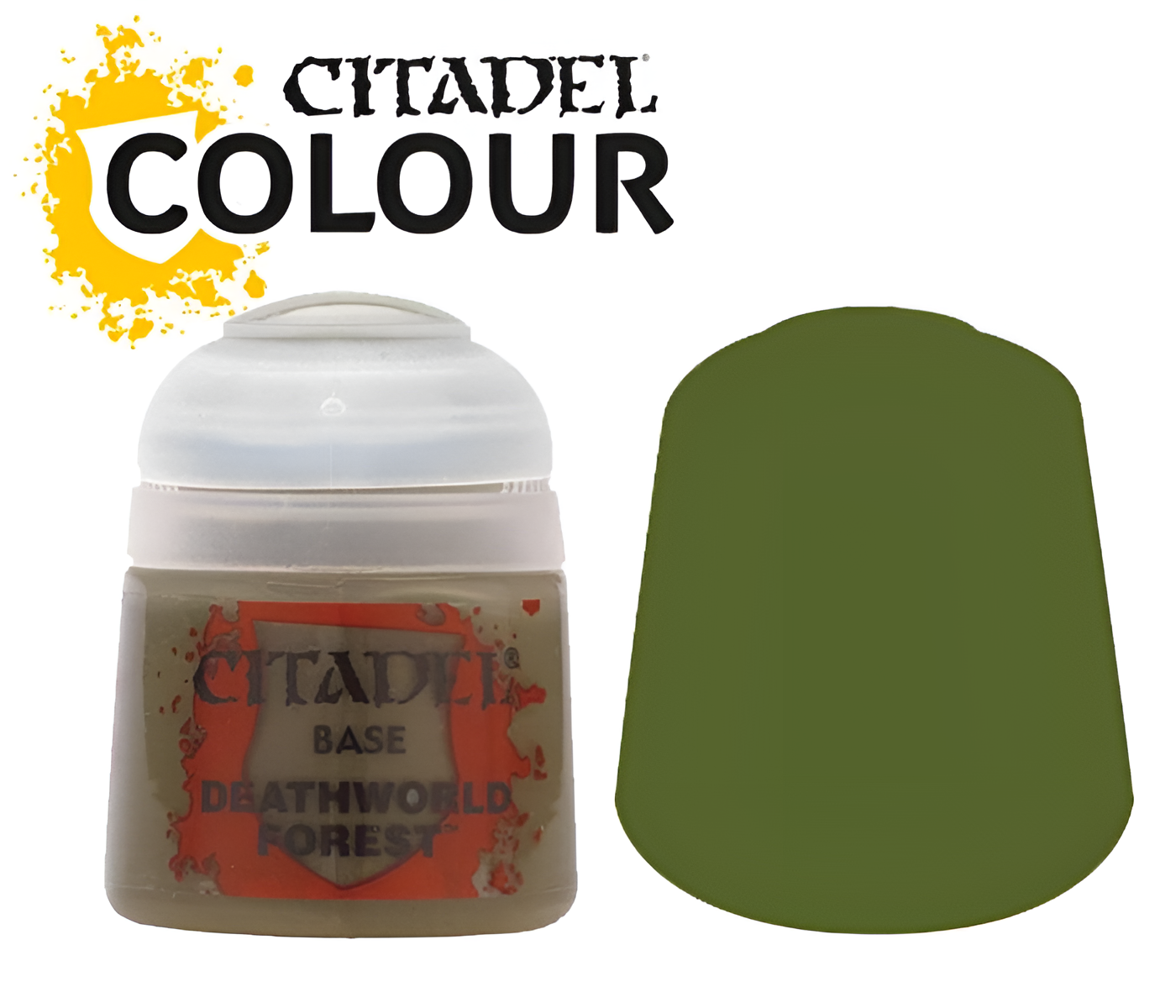 Citadel Base paint in Deathworld Forest, a 12ml container showcasing a dark green color for miniature painting.