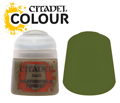 Citadel Base paint in Deathworld Forest, a 12ml container showcasing a dark green color for miniature painting.