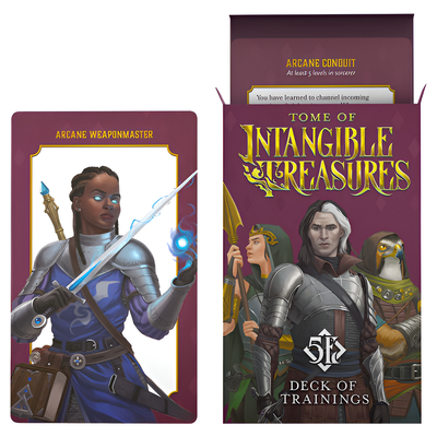 D&D 5E Deck of Trainings preorder box featuring artwork of a warrior and wizard with vibrant colors and fantasy elements.
