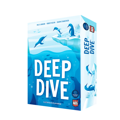 Colorful board game box for "Deep Dive," featuring playful sea creatures and a vibrant underwater theme.