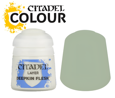 Citadel Layer Deepkin Flesh paint pot with a light green color swatch, ideal for miniature painting and detailing.