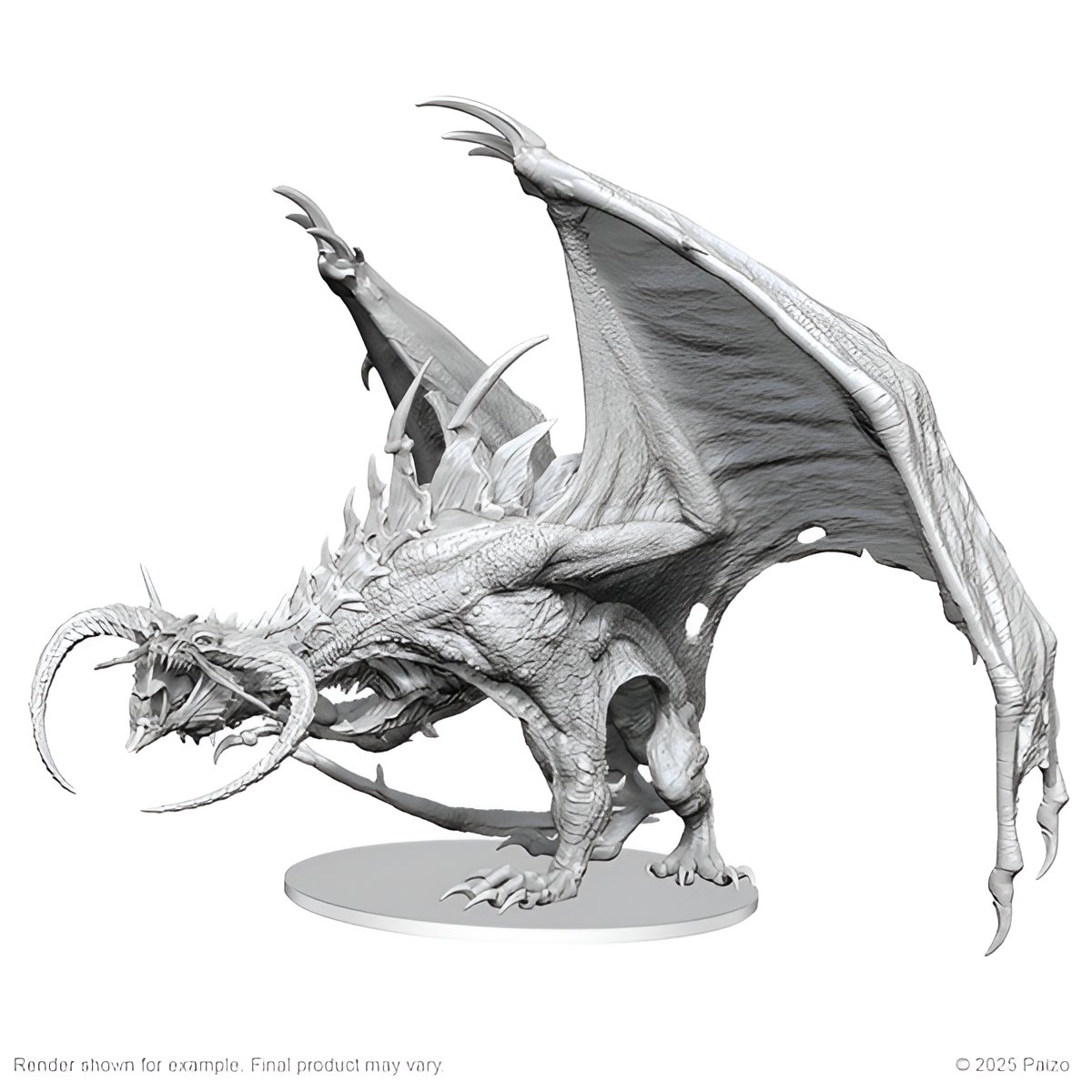Unpainted Diabolic Dragon miniature from D&D Nolzur's Marvelous Miniatures, showcasing intricate details and dynamic pose.