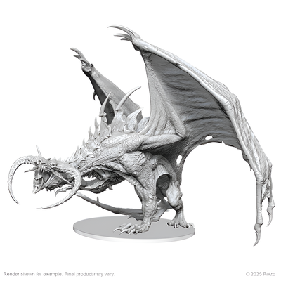 Unpainted Diabolic Dragon miniature from D&D Nolzur's Marvelous Miniatures, showcasing intricate details and dynamic pose.
