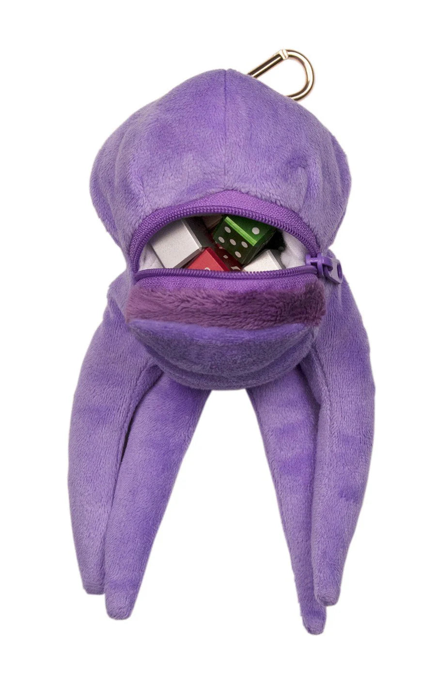 Large purple Mind Flayer dice bag with tentacle design, featuring a zippered opening and colorful dice inside.