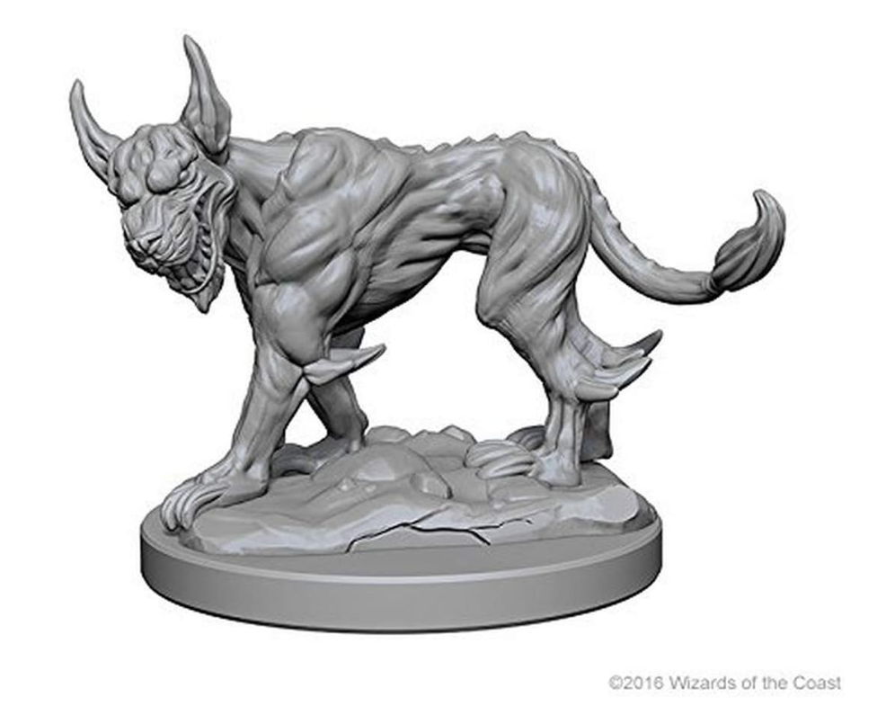 Unpainted miniature of a Blink Dog from Dungeons & Dragons, featuring detailed muscular structure and dynamic pose.